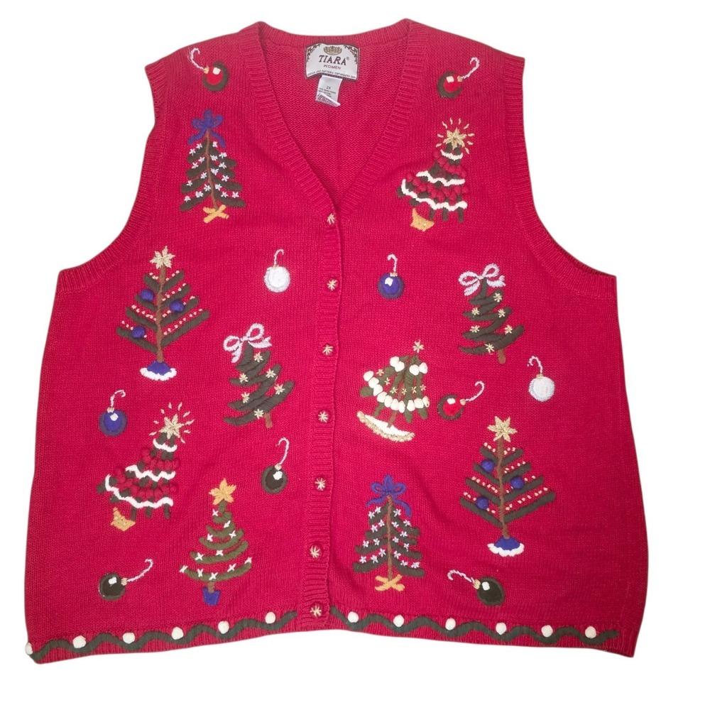 Vintage Tiara Womens 2X Red Christmas Tree Embroidered Holiday Sweater Vest